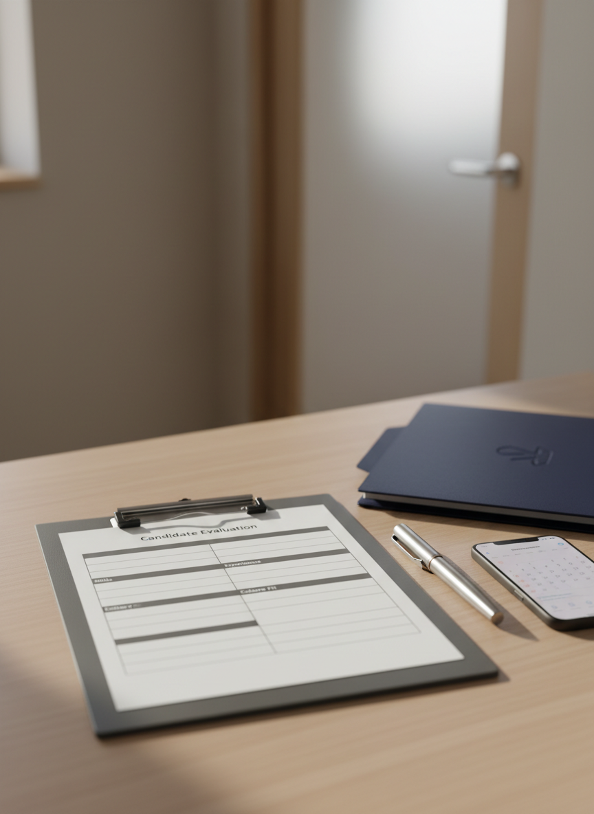 A close-up of a sleek charcoal-gray clipboard resting on a smooth light-oak desk, holding a clearly printed “Candidate Evaluation” form with tidy, legible sections for skills, experience, and culture fit. Beside it sits a brushed-metal pen, an elegant navy-blue folder stamped with a subtle embossed logo, and a smartphone displaying a refined calendar app. The setting is a contemporary, uncluttered office corner with a neutral-toned wall and a blurred glass door in the background. Soft morning daylight streams in from the left, creating gentle highlights on the metal surfaces and a faint shadow of the clipboard edge. Photographic realism, shot from a slightly elevated close-up angle with shallow depth of field, conveying precision, structure, and meticulous attention to detail in the hiring process.